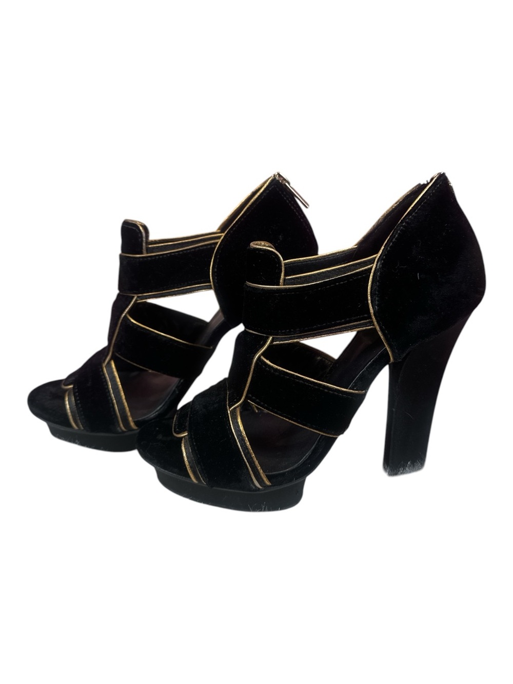 Tory Burch Carsonie Black Velvet Gold Piping Platform Heels Size 8 - Picture 4 of 13
